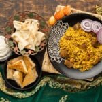 Indian meal with rice and sari